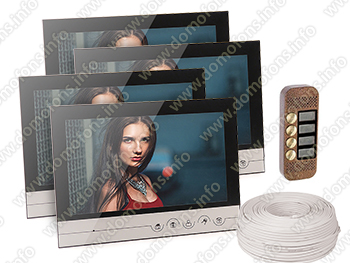 Комплект видеодомофона на 4 квартиры из четырех видеомониторов V90RM и вызывной панели JSB-V084K